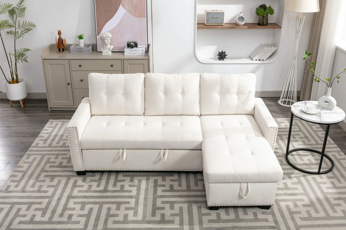 Reversible Sectional Storage Sleeper Sofa Bed, L-Shape 2 Seat Sectional Chaise With Storage, Skin-Feeling Velvet Fabric - Furniture Home Direct