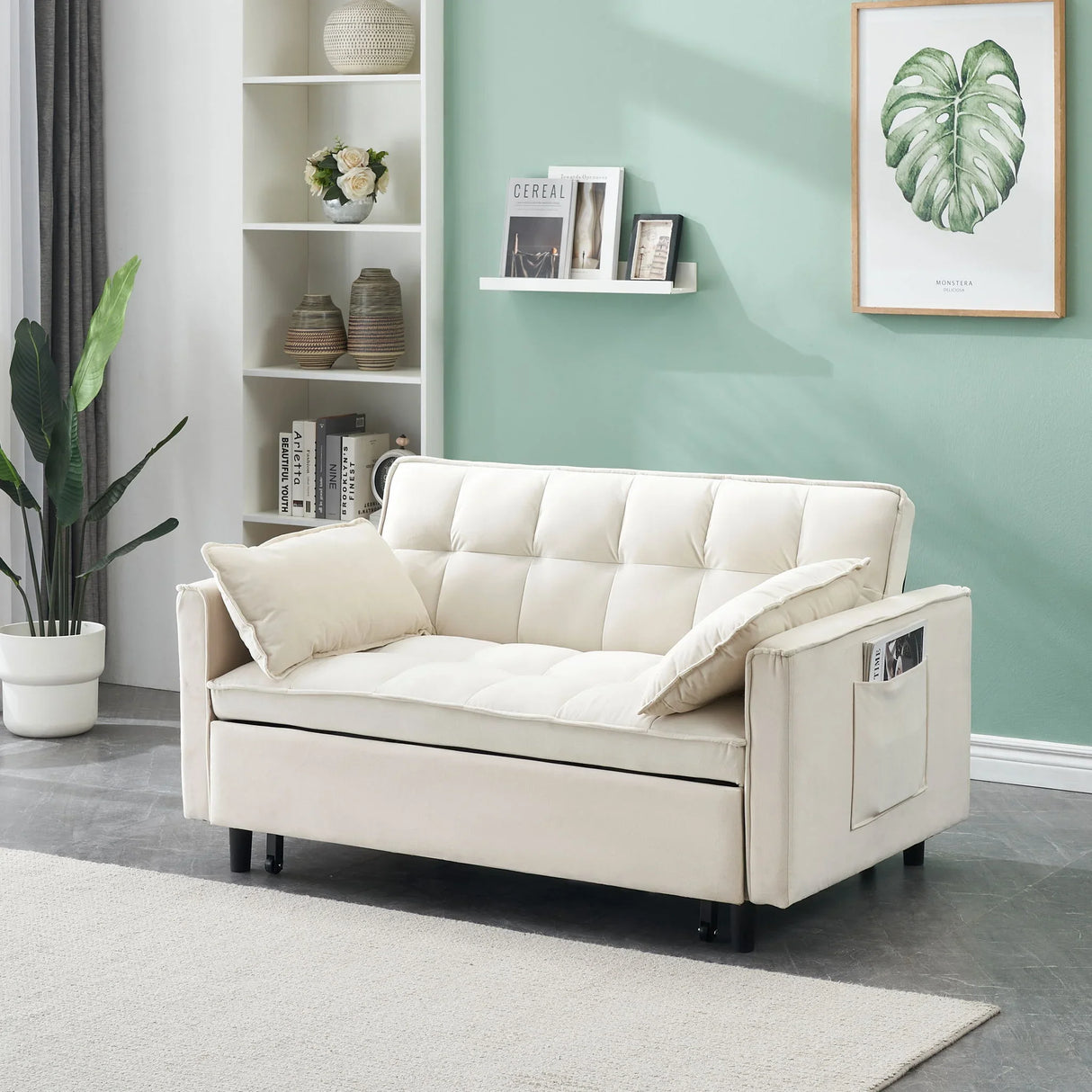 Modern Velvet Sofa, Sofa Pull-Out Bed, Small Love Seat Casual Sofa With Back, With Pillow, Pockets, Living Room Furniture, 3 In 1 Convertible Sleep Sofa Bed - Furniture Home Direct