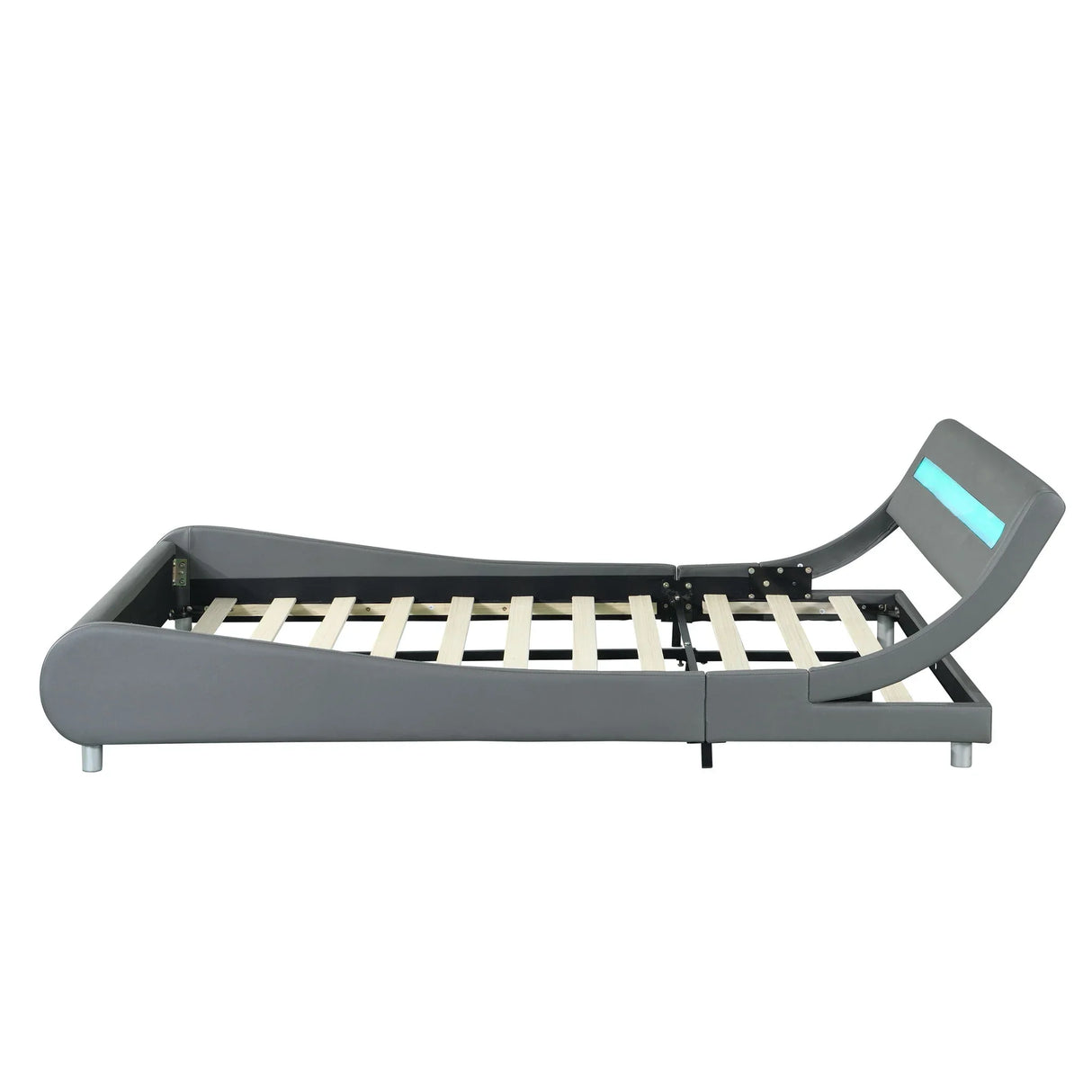 Queen Size Upholstered Platform Bed Frame With LED Lighting, Curve Design, Wood Slat Support, No Box Spring Needed - Gray - Furniture Home Direct