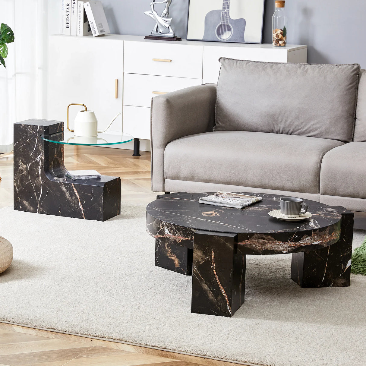 Detachable Double-Decker Black Patterned Coffee Table - Furniture Home Direct