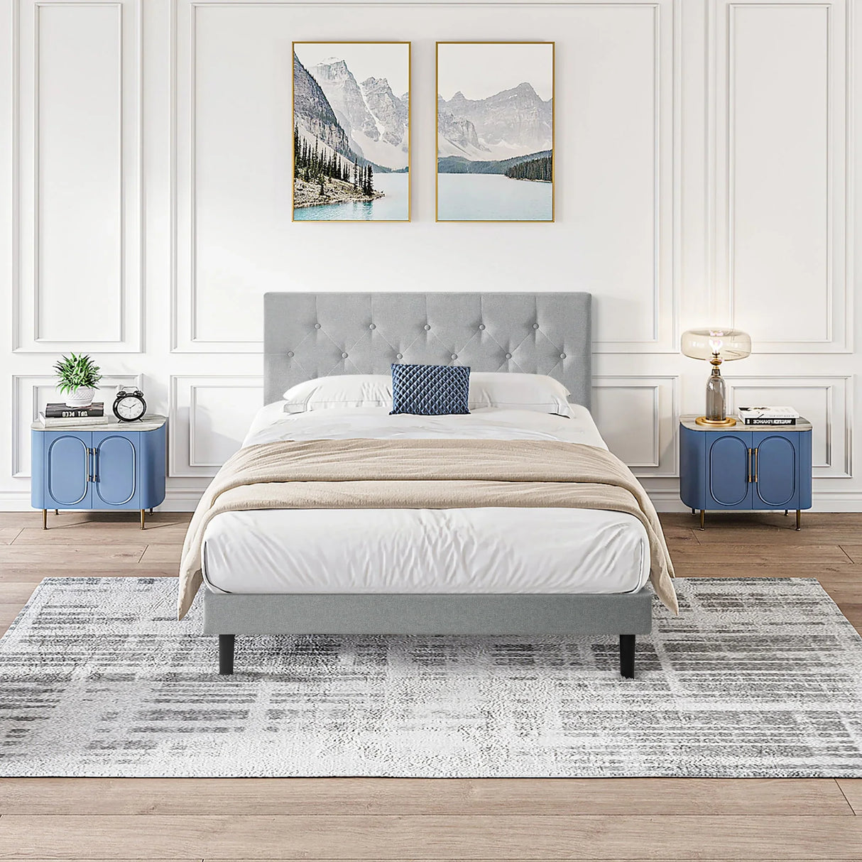Modern Upholstered Platform Bed Frame With Button Tufted Linen Fabric Headboard - Furniture Home Direct