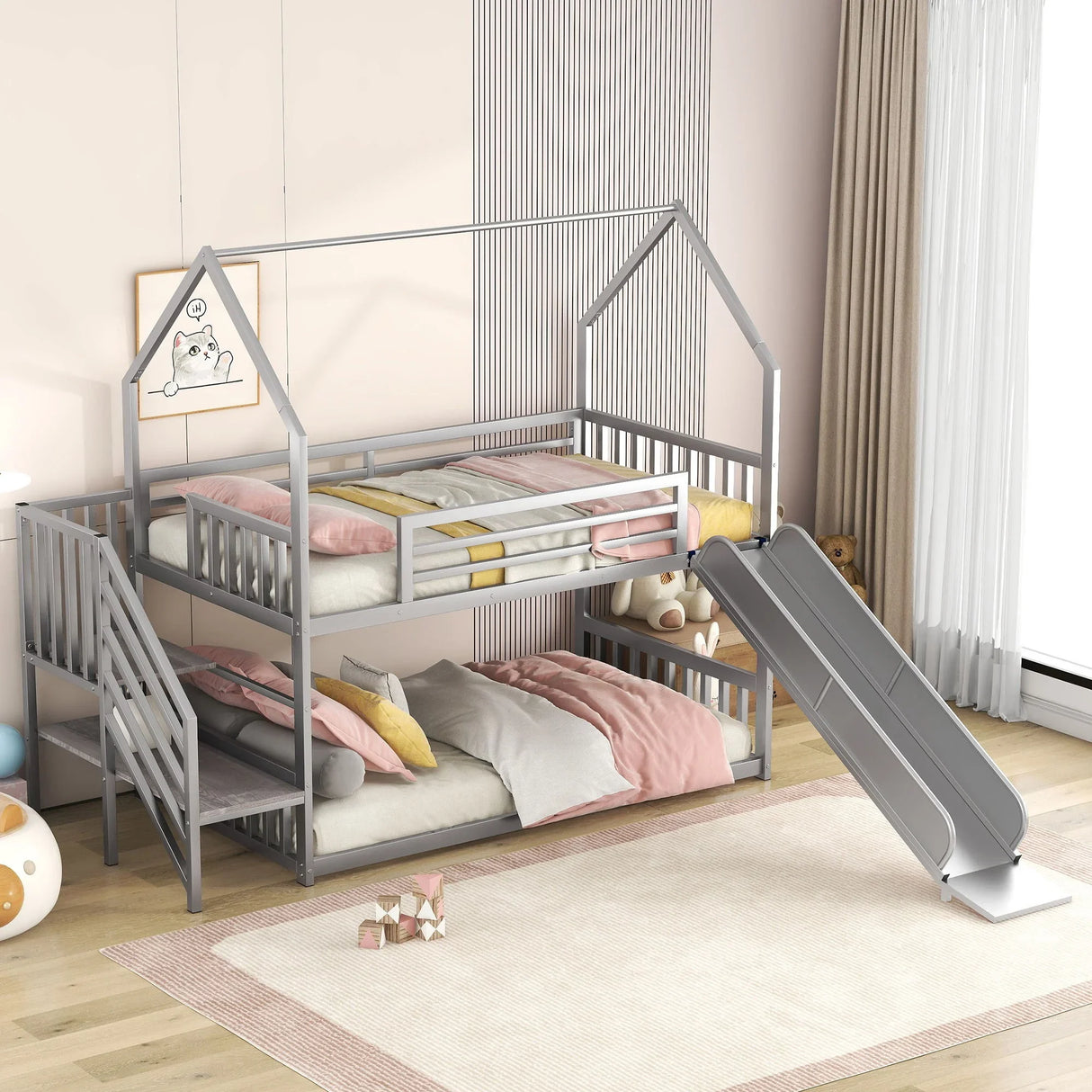 Twin Over Twin Metal Bunk Bed House Bed With Slide And Staircase - Furniture Home Direct