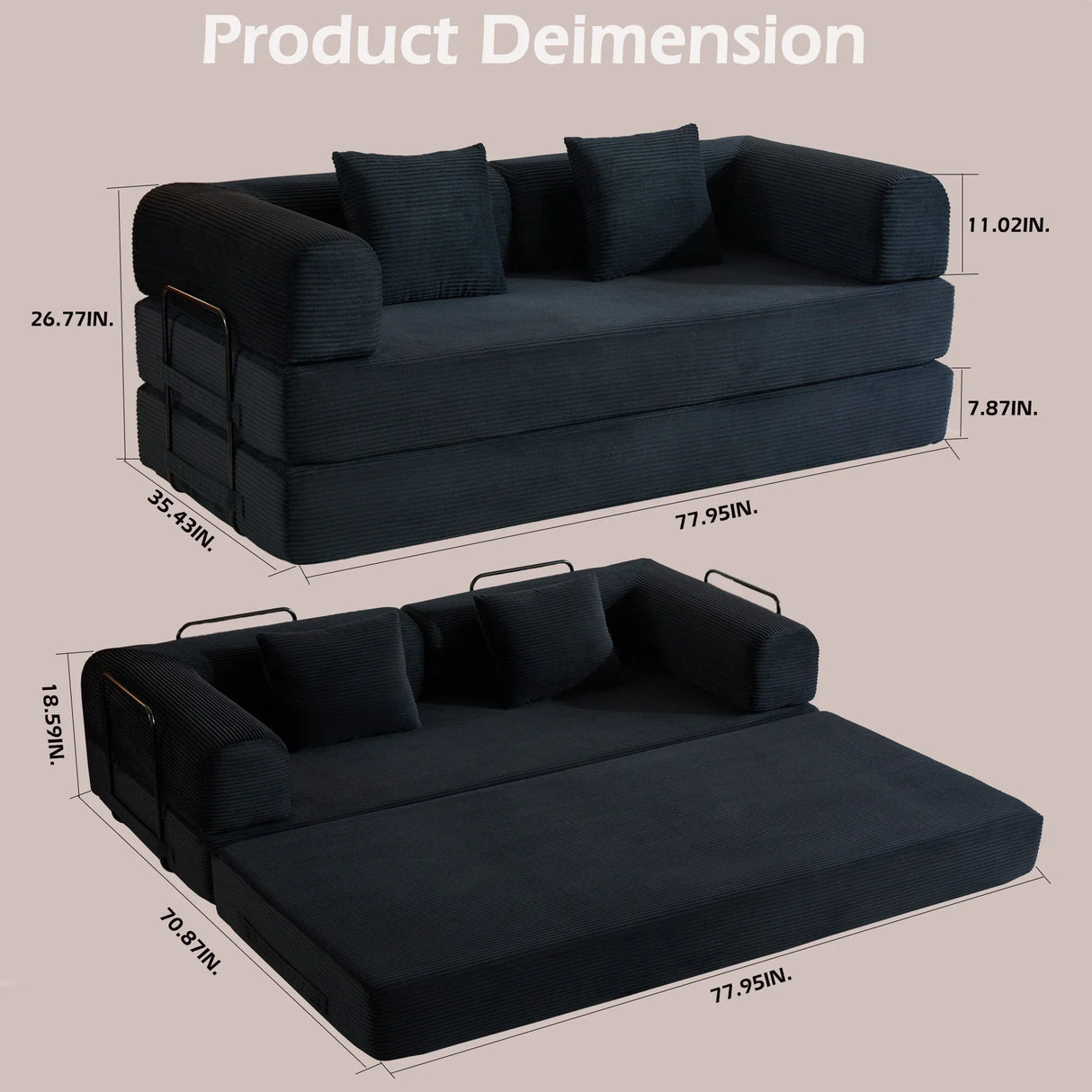 Convertible Sleeper Sofa Bed With Cylindrical Pillow, With Fixed Shape Frame - Furniture Home Direct