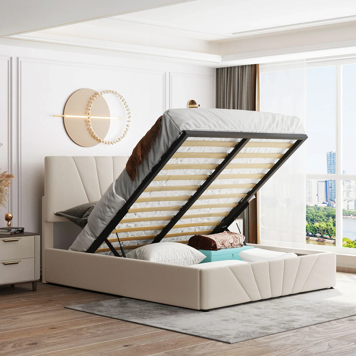 Storage Bed With Lift Platform Upholstered Queen Beige - Furniture Home Direct