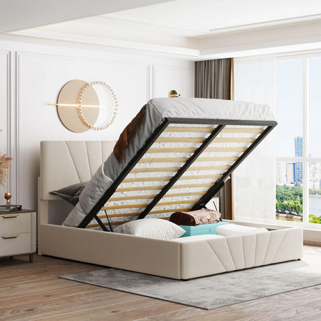 Storage Bed With Lift Platform Upholstered Queen Beige - Furniture Home Direct