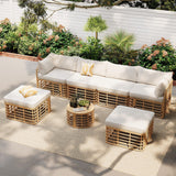7 Piece Outdoor Patio All-Weather Rattan Sectional Sofa Set With Thick Cushions And Pillows - Beige - Furniture Home Direct