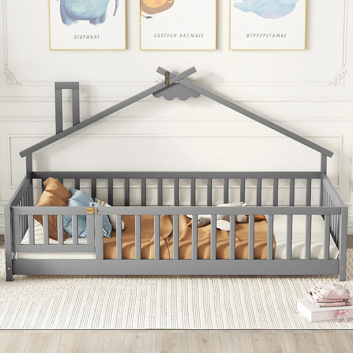 House-Shaped Bedside Floor Bed With Guardrails, Slats, With Door - Furniture Home Direct