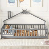 House-Shaped Bedside Floor Bed With Guardrails, Slats, With Door - Furniture Home Direct