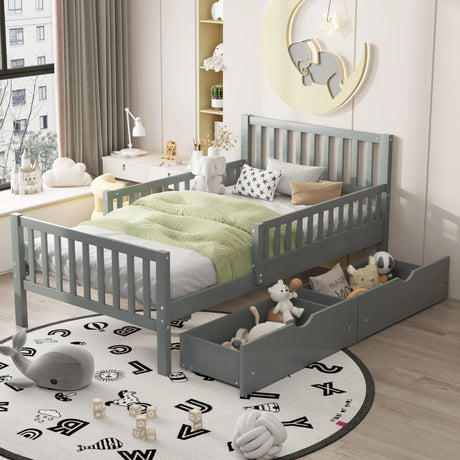 Platform Bed With Guardrails On Both Sides And 2 Storage Drawers - Furniture Home Direct