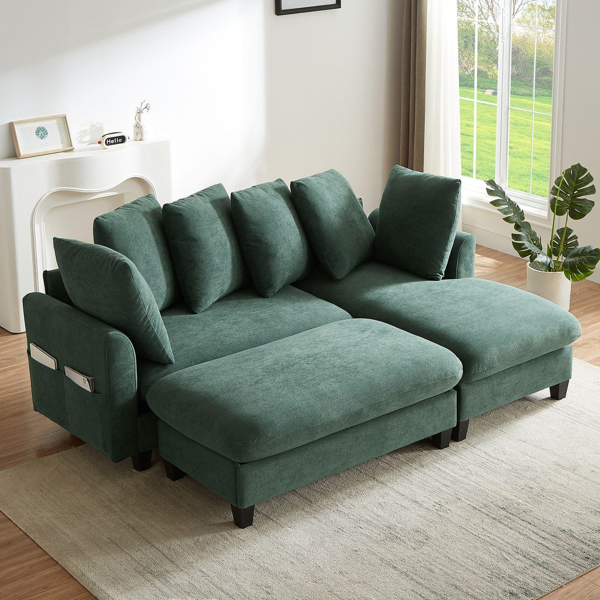 Upholstered L Shaped Sectional Sofa With Storage, Movable Ottoman, And 6 Throw Pillows - Furniture Home Direct