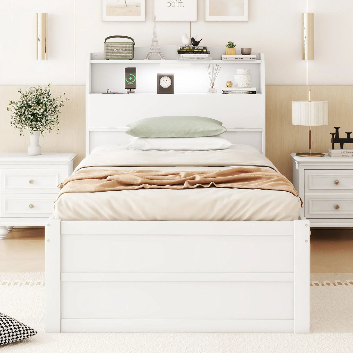 LED Platform Bed With Trundle With Storage Headboard With Drawers - Furniture Home Direct