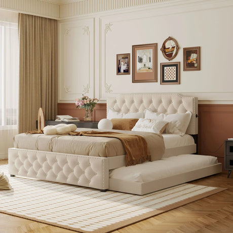 Upholstered Platform Bed With Trundle And 2 Sets Of USB Ports On Each Side, Linen Fabric - Furniture Home Direct