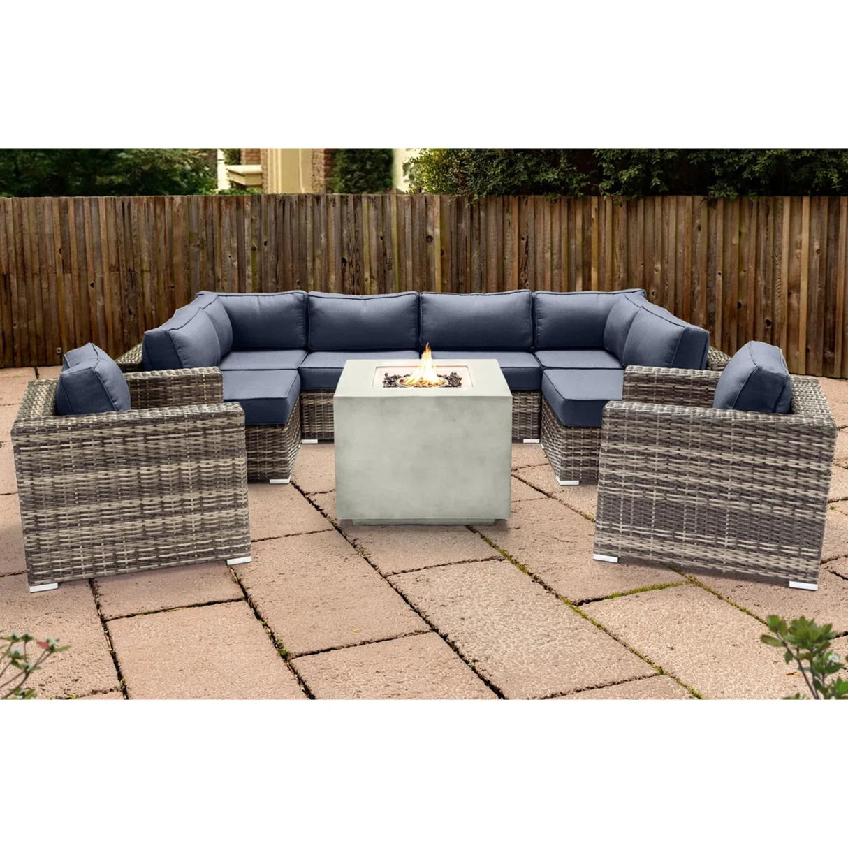 Premium 6 Person Wicker Patio Seating Group With Deep Cushions And Concrete Fire Pit - Gray Mix - Furniture Home Direct