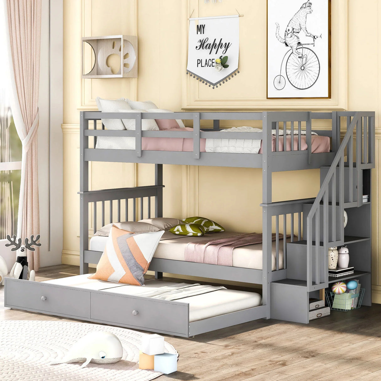 Stairway Bunk Bed With Storage And Guard Rail For Bedroom - Furniture Home Direct