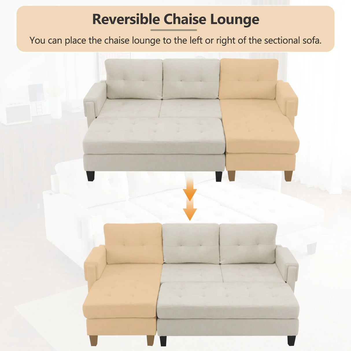 Sleeper Sectional Chenille L Shaped With Chaise Beige - Furniture Home Direct