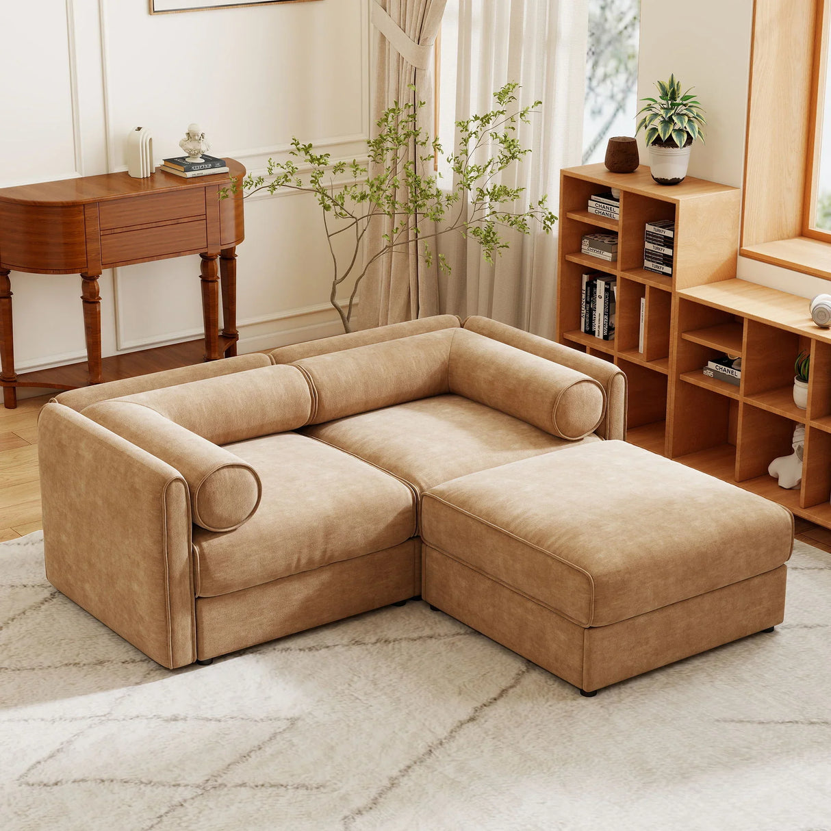 Contemporary Elegant White Chenille Sofa With Storage And Ottoman - Furniture Home Direct