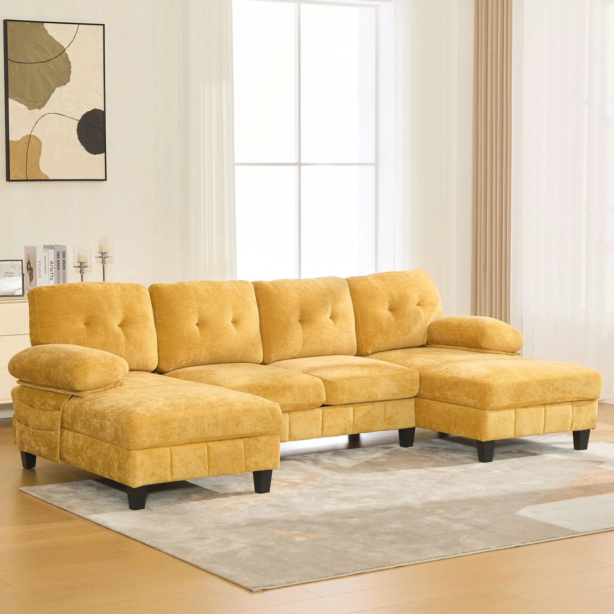 U-Shaped Sectional Sofa 103.5" Black Chenille Fabric Couch With Dual Chaise Lounges, Storage Pockets, Armrest Pillows - Furniture Home Direct