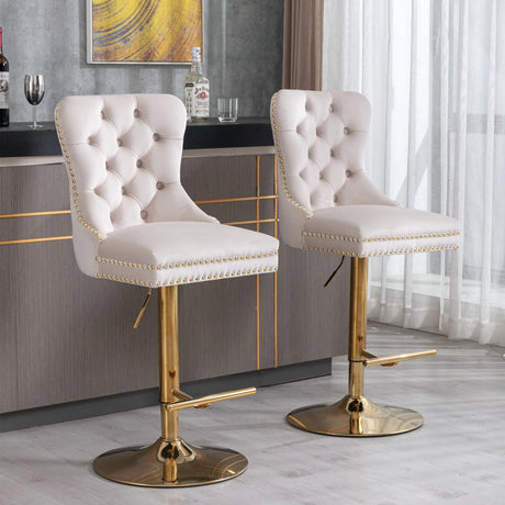 Thick Golden Swivel Velvet Barstools Adjusatble Seat Height From 25-33", Modern Upholstered Bar Stools With Backs Comfortable Tufted For Home Pub And Kitchen Island (Set of 2) - Furniture Home Direct