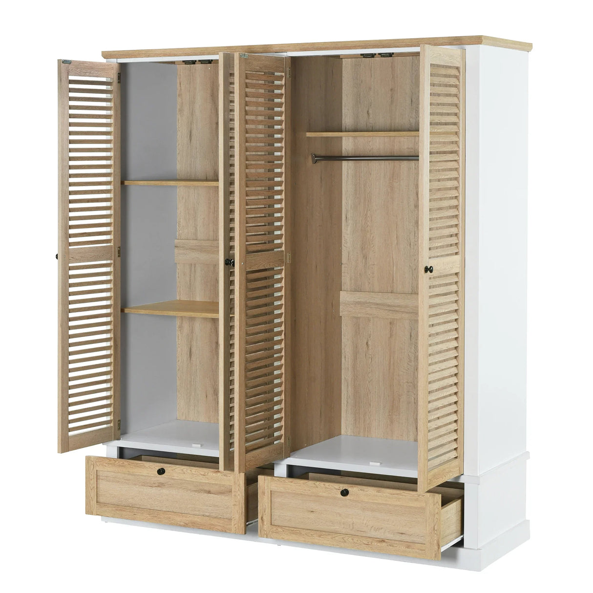 4 Shutter Door Wardrobe Armoire with 2 Drawers, Natural + White - Furniture Home Direct