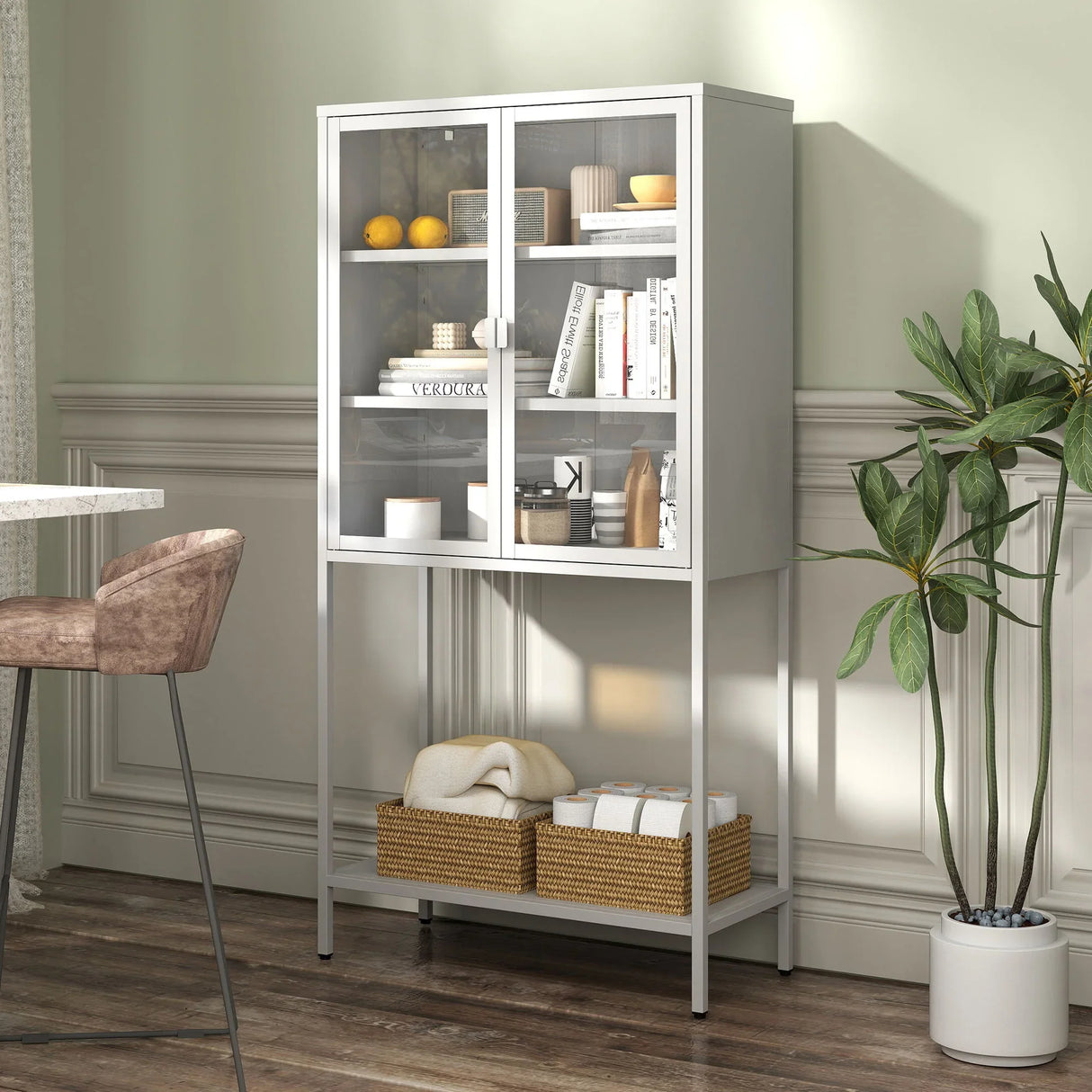 Heavy Duty Metal Storage Cabinet, Display Storage Cabinet With Glass Doors And 2 Adjustable Shelves, Tall Bookcase Modern Bookshelf Cabinet For Home Office, Living Room, Pantry - Furniture Home Direct