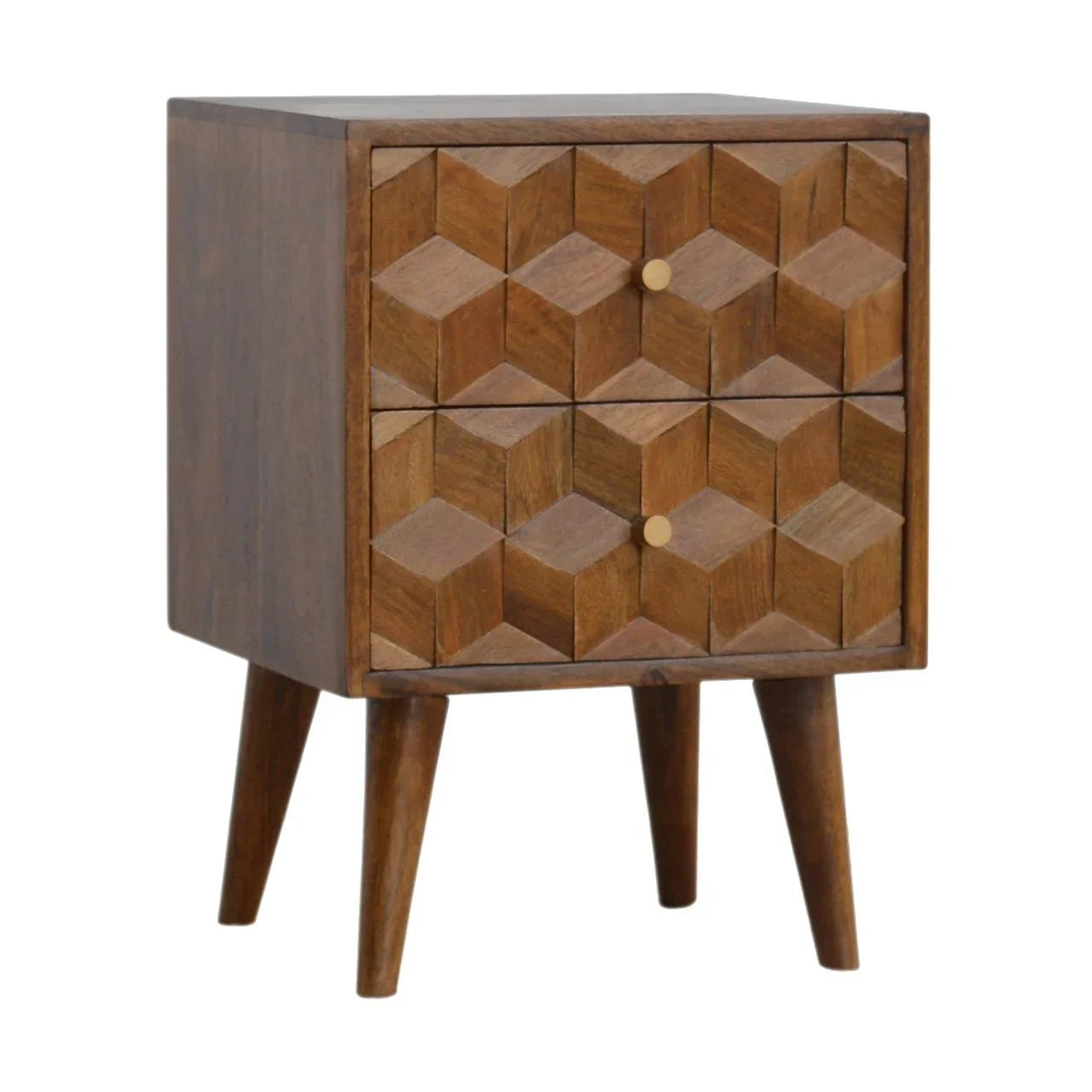 Cube Carved Bedside Table Nightstand - Chestnut - Furniture Home Direct
