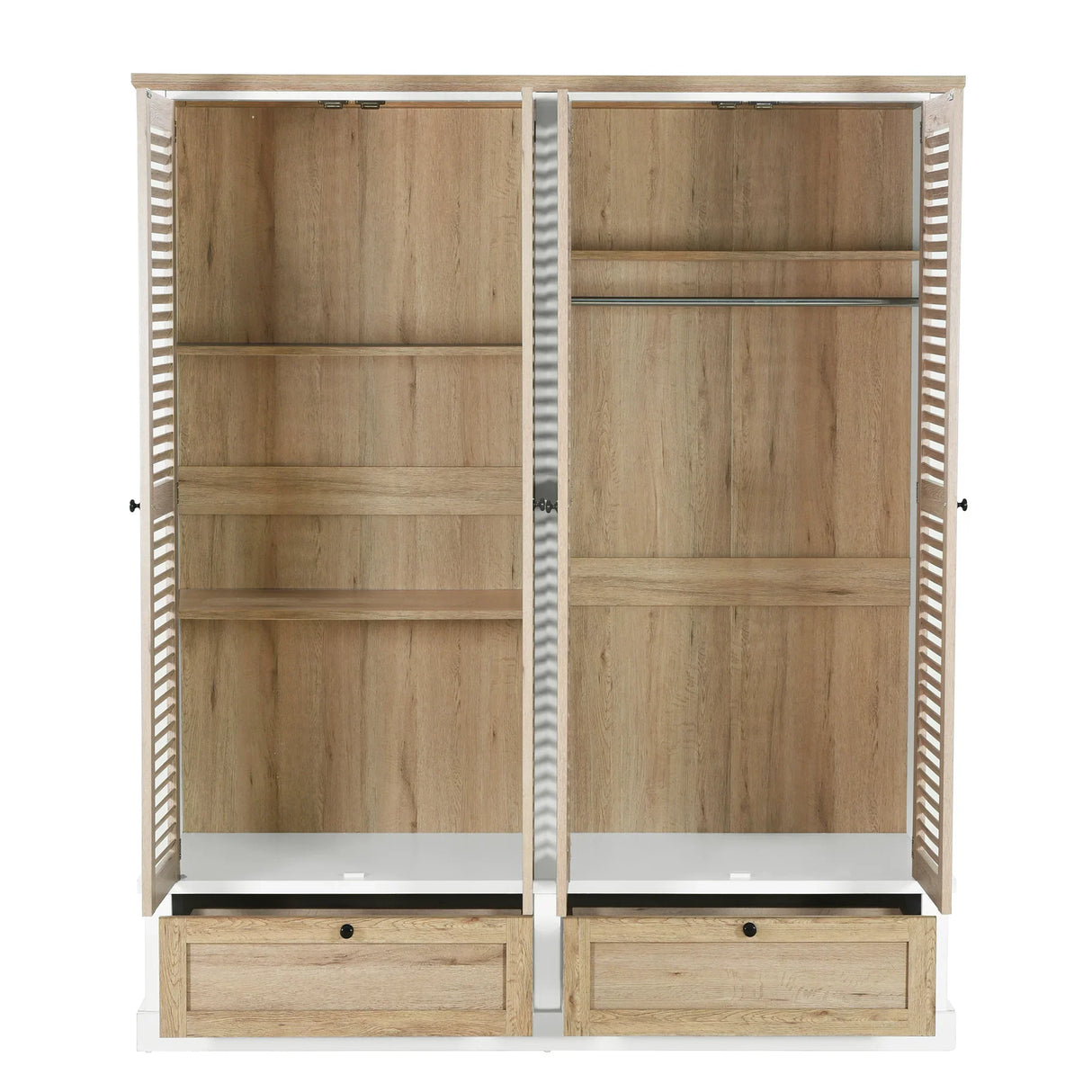 4 Shutter Door Wardrobe Armoire with 2 Drawers, Natural + White - Furniture Home Direct