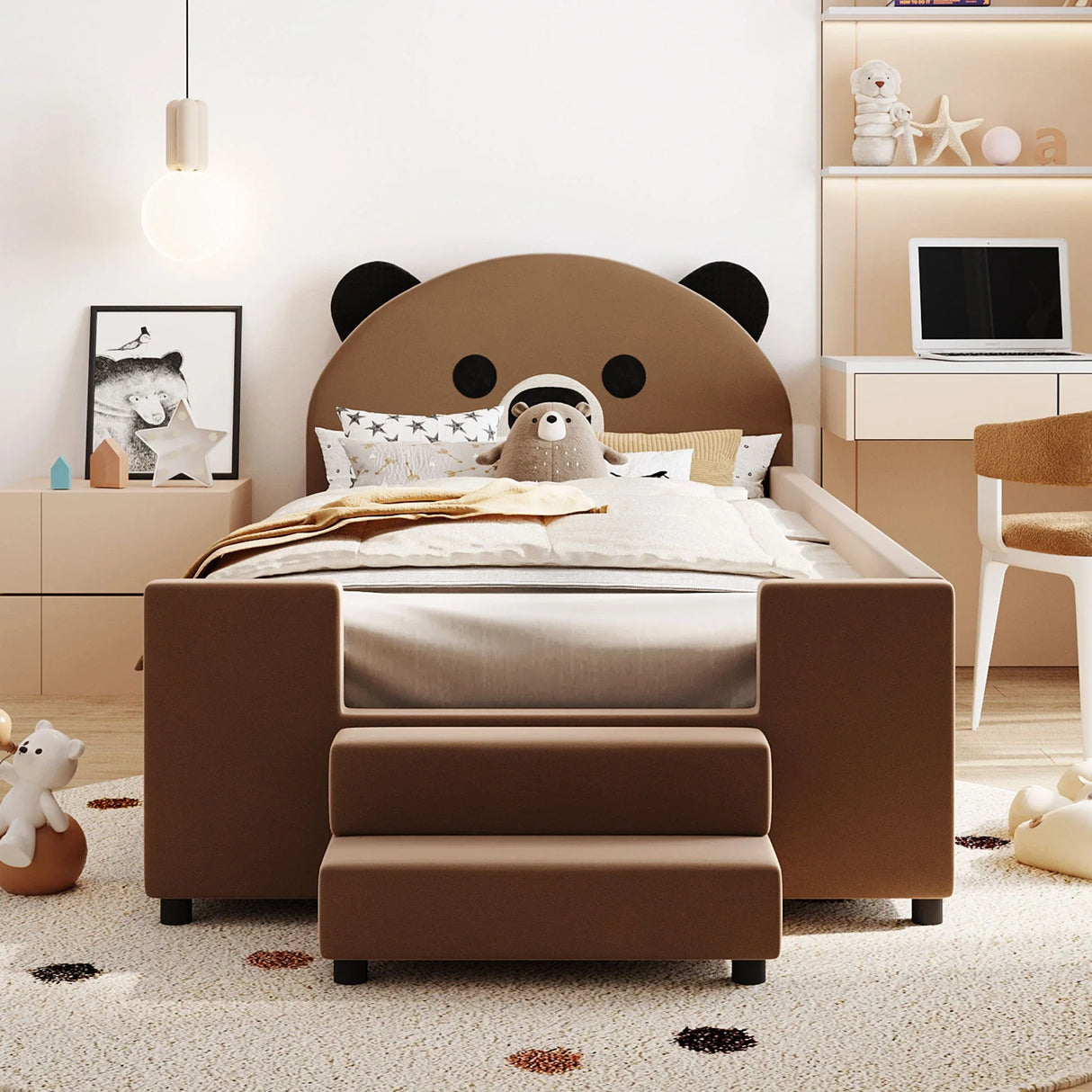 Upholstered Daybed With Bear Shaped Headboard, Hydraulic System And Breathable Mesh Fence - Furniture Home Direct