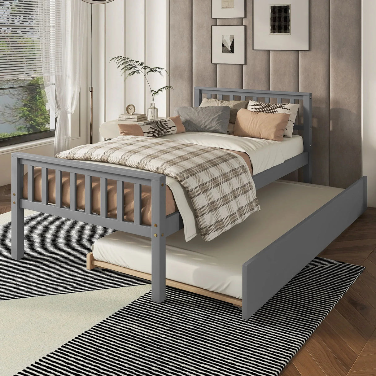 Twin Bed With Trundle, Platform Bed Frame With Headboard And Footboard, For Bedroom Small Living Space, No Box Spring Needed - Furniture Home Direct