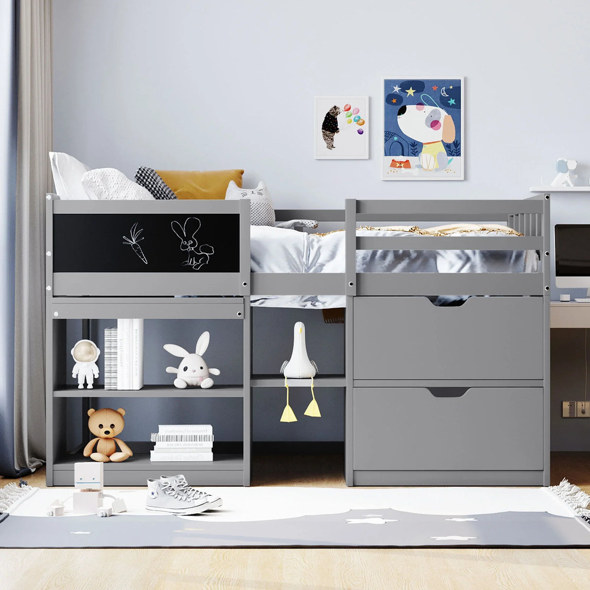 Low Loft Bed With Rolling Desk, Shelf And Drawers - Furniture Home Direct