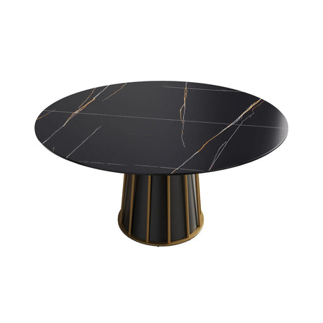 Modern Artificial Stone Round Metal Iron Base Dining Table, Can Accommodate 8 People, (Not Including Chairs) - Black - Furniture Home Direct