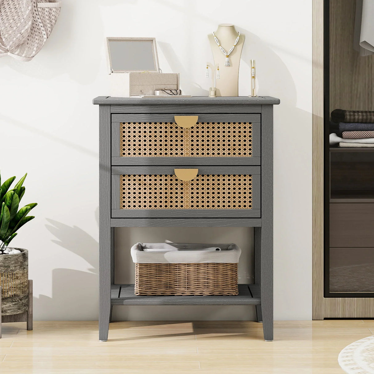 2 Drawer Side Table, Natural Rattan - Furniture Home Direct