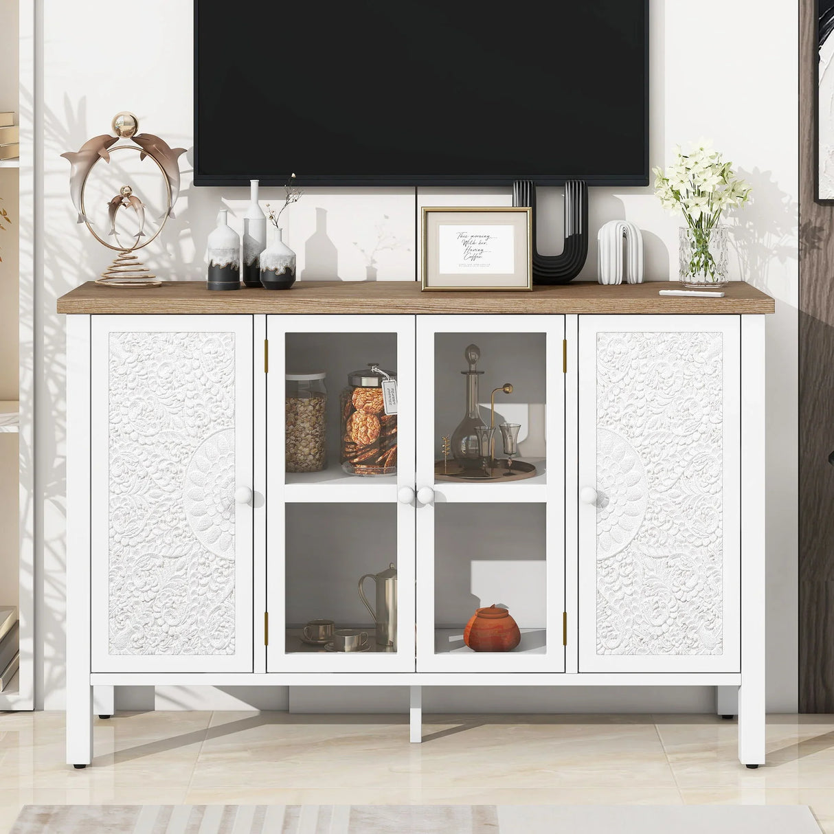 Retro TV Stand With 3 Spacious Cabinets, Glass Cabinet Doors And Anti-Tip Device - Furniture Home Direct
