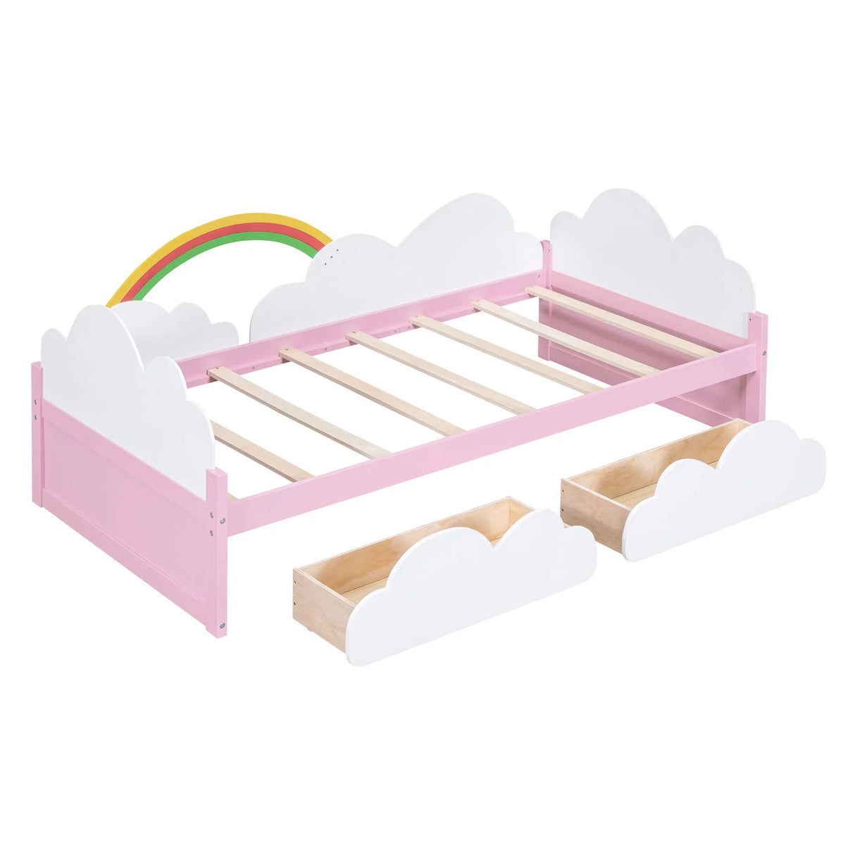 Twin Size Bed With Clouds And Rainbow Decor - Pink / White - Furniture Home Direct