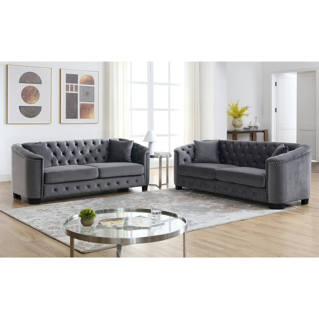 Living Room Set with 2 Sofas - Velvet Grey - Furniture Home Direct