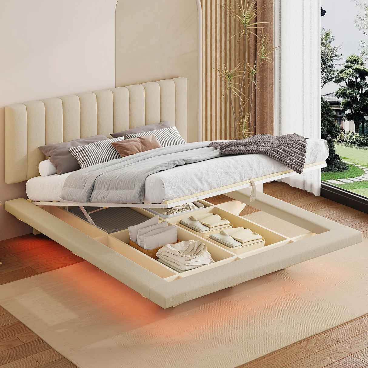Queen Bed With Upholstered Storage And LED Lighting Beige - Furniture Home Direct