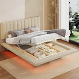 Queen Bed With Upholstered Storage And LED Lighting Beige - Furniture Home Direct