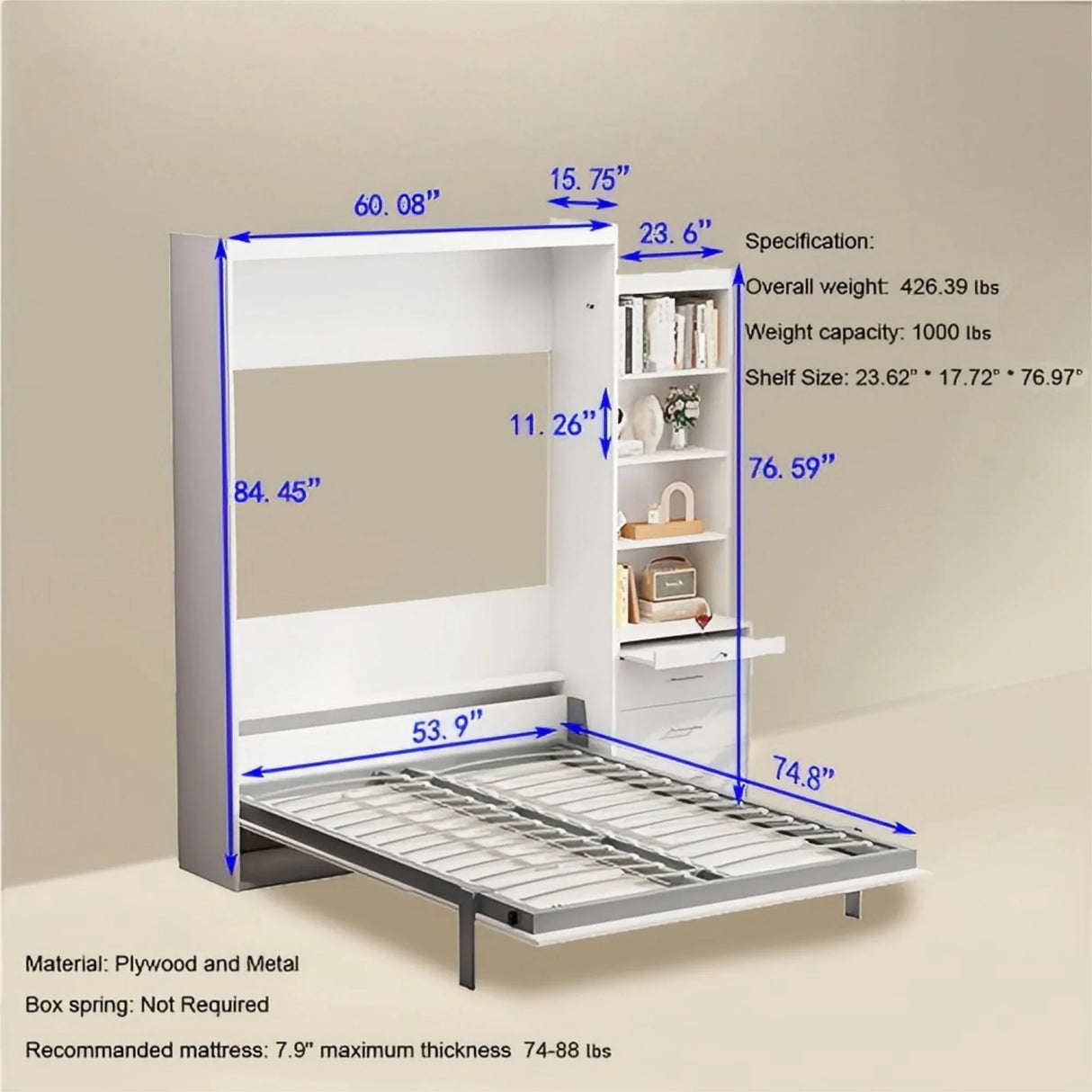 Morden Deisgn Vertical Murphy Bed With Shelf And Drawers For Bedroom Or Guestroom Wall Bed Space Saving Hidden Bed With New Style Gas Struts - Furniture Home Direct