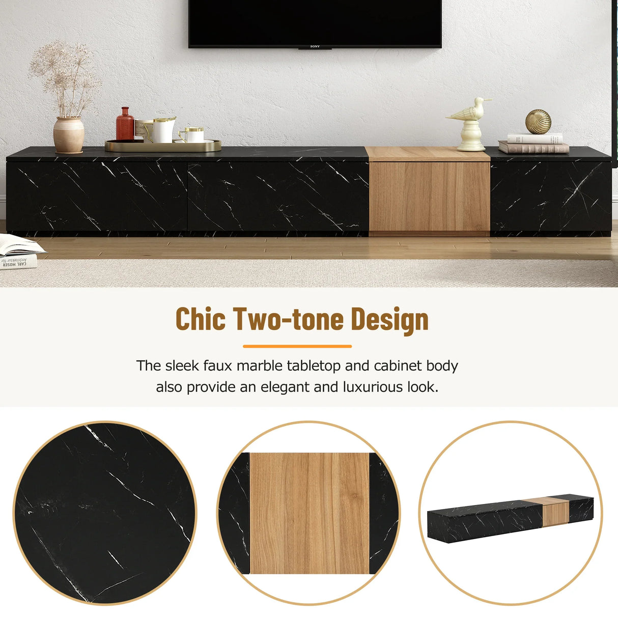 TV Stand With Faux Marble Walnut Finish Low Profile Black - Furniture Home Direct