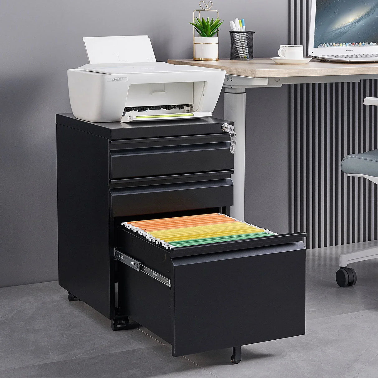 Contemporary Black 3 Drawer Mobile Filing Cabinet With Lock, Metal Office Storage For Legal / Letter Size - Furniture Home Direct