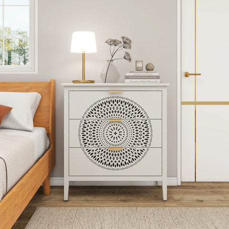 3 Drawer Cabinet With Hollow Carved 3 Drawer Dresser Storage Chest With Metal Handles For Entryway Living Room Bedroom - Beige - Furniture Home Direct