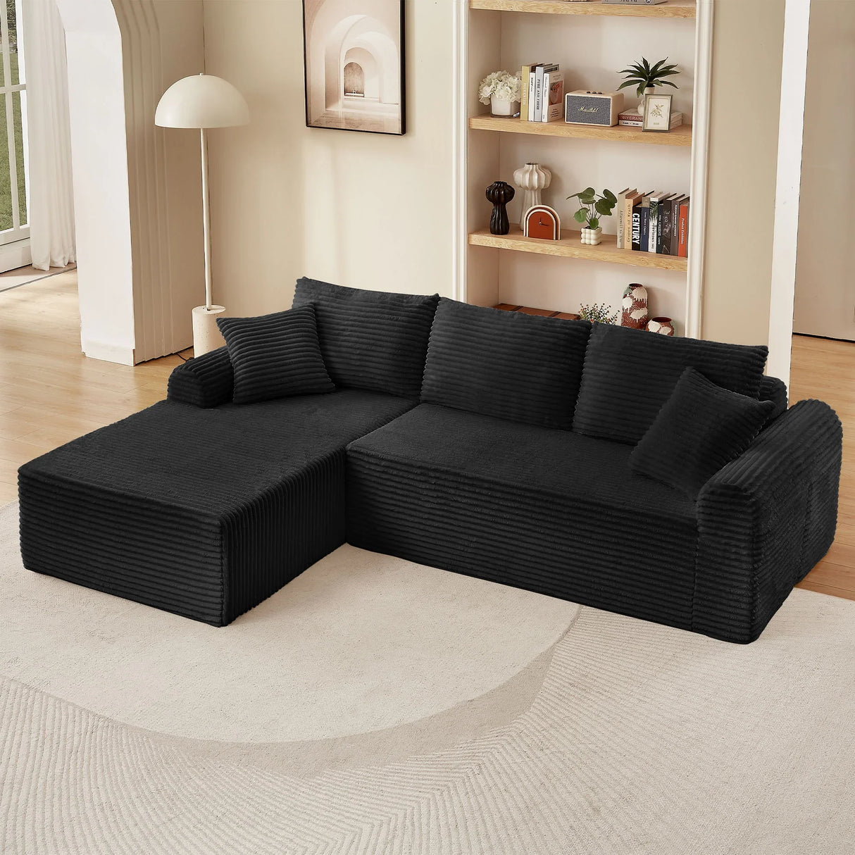 Modular Corduroy Sectional With Arched Armrests, Includes 3 Back Cushions & 2 Throw Pillows - Furniture Home Direct