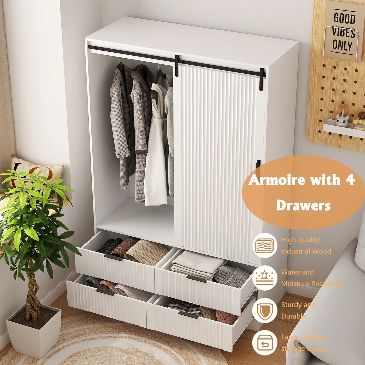 Tall Armoire With Sliding Barn Door Drawers Storage White - Furniture Home Direct
