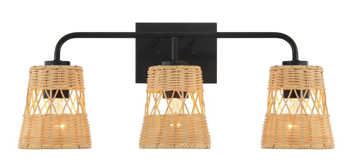Moonlit - 3 Lights Wall Sconce With Shade, Bathroom Lighting Fixtures Over Mirror - Black / Rattan - Furniture Home Direct