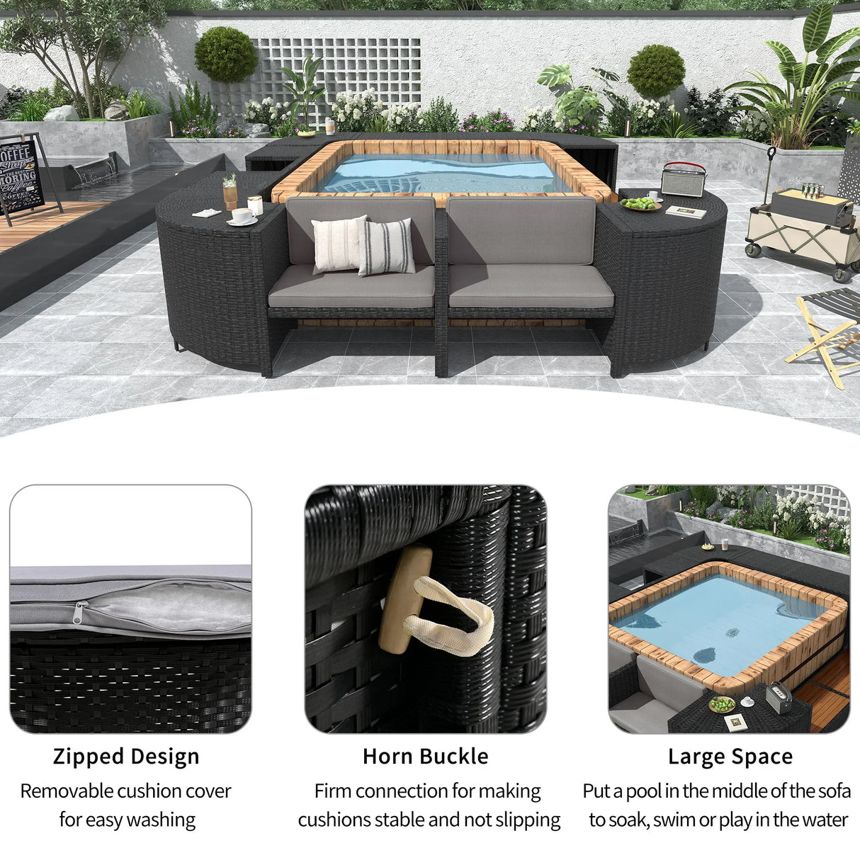 Spa Surround Spa Frame Quadrilateral Outdoor Rattan Sectional Sofa Set With Mini Sofa, Wooden Seats And Storage Spaces - Furniture Home Direct
