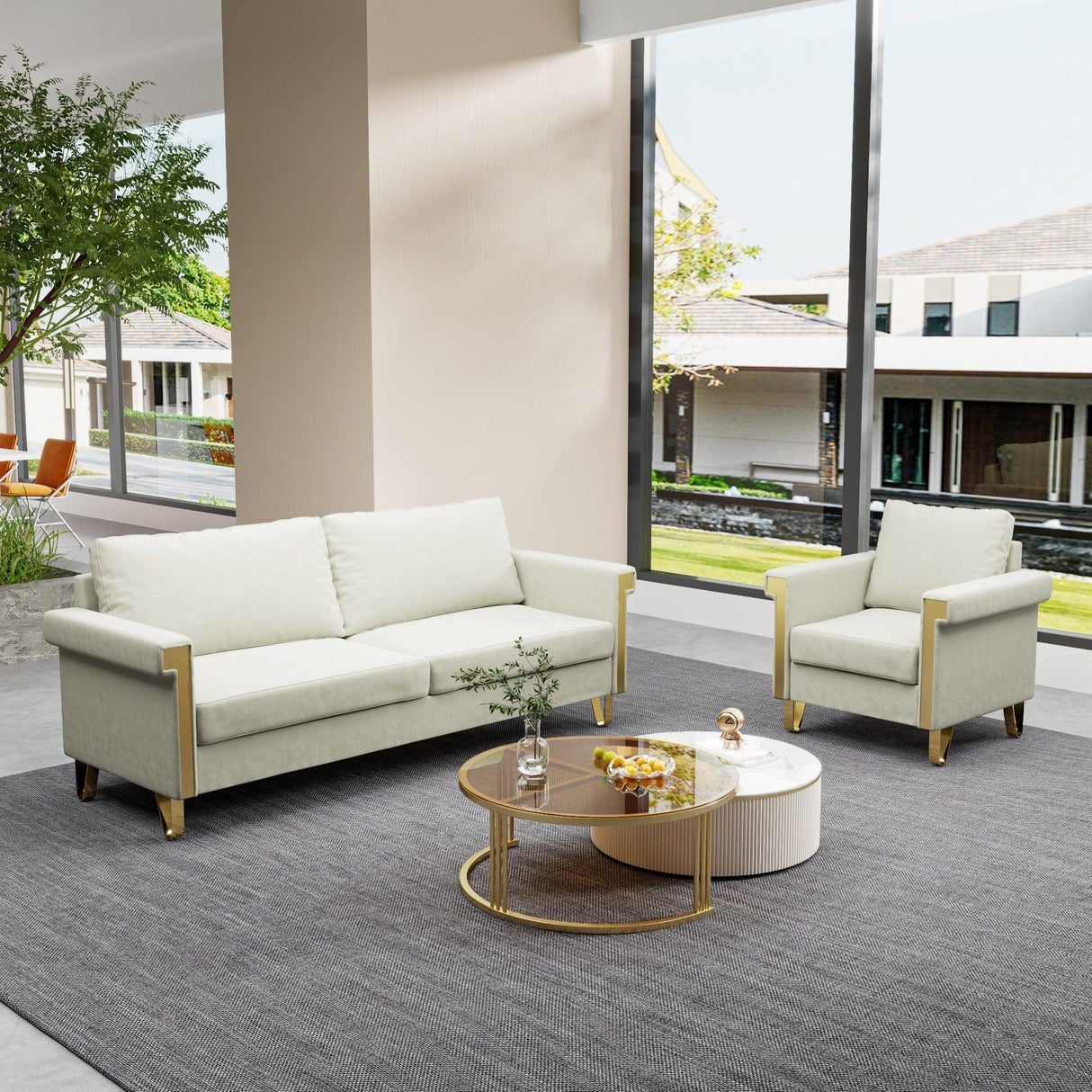 Sofa and Chair Velvet Elegant Living Room Two Piece - Beige - Furniture Home Direct