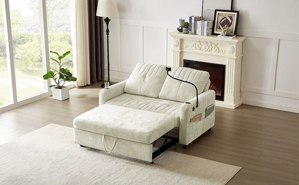 Sleeper Sofa With Adjustable Backrest, Two Cup Holders, Phone Holder, Three Charging Ports And Side Storage Pockets- Beige - Furniture Home Direct