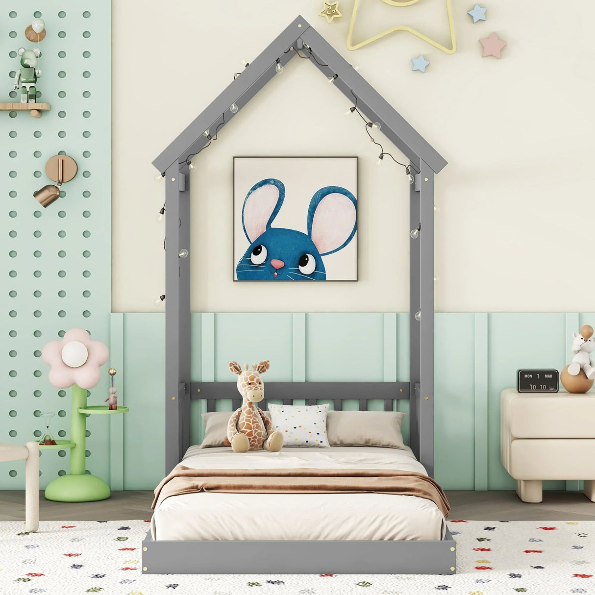 House-Shaped Roof Headboard Floor Bed, (Without Slats) - Furniture Home Direct