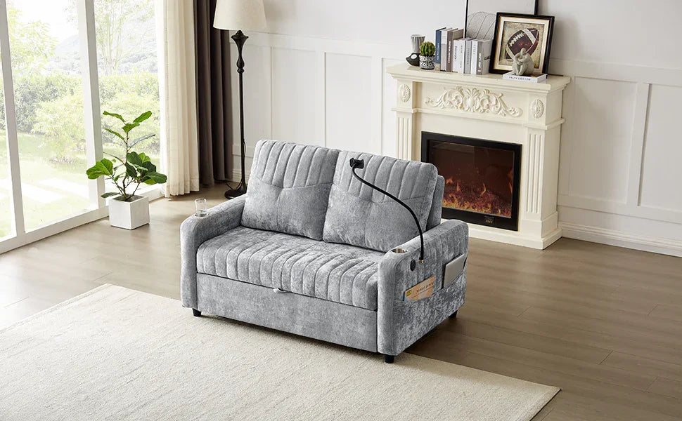 Sleeper Sofa With Adjustable Backrest, Two Cup Holders, Phone Holder, Three Charging Ports And Side Storage Pockets - Gray - Furniture Home Direct