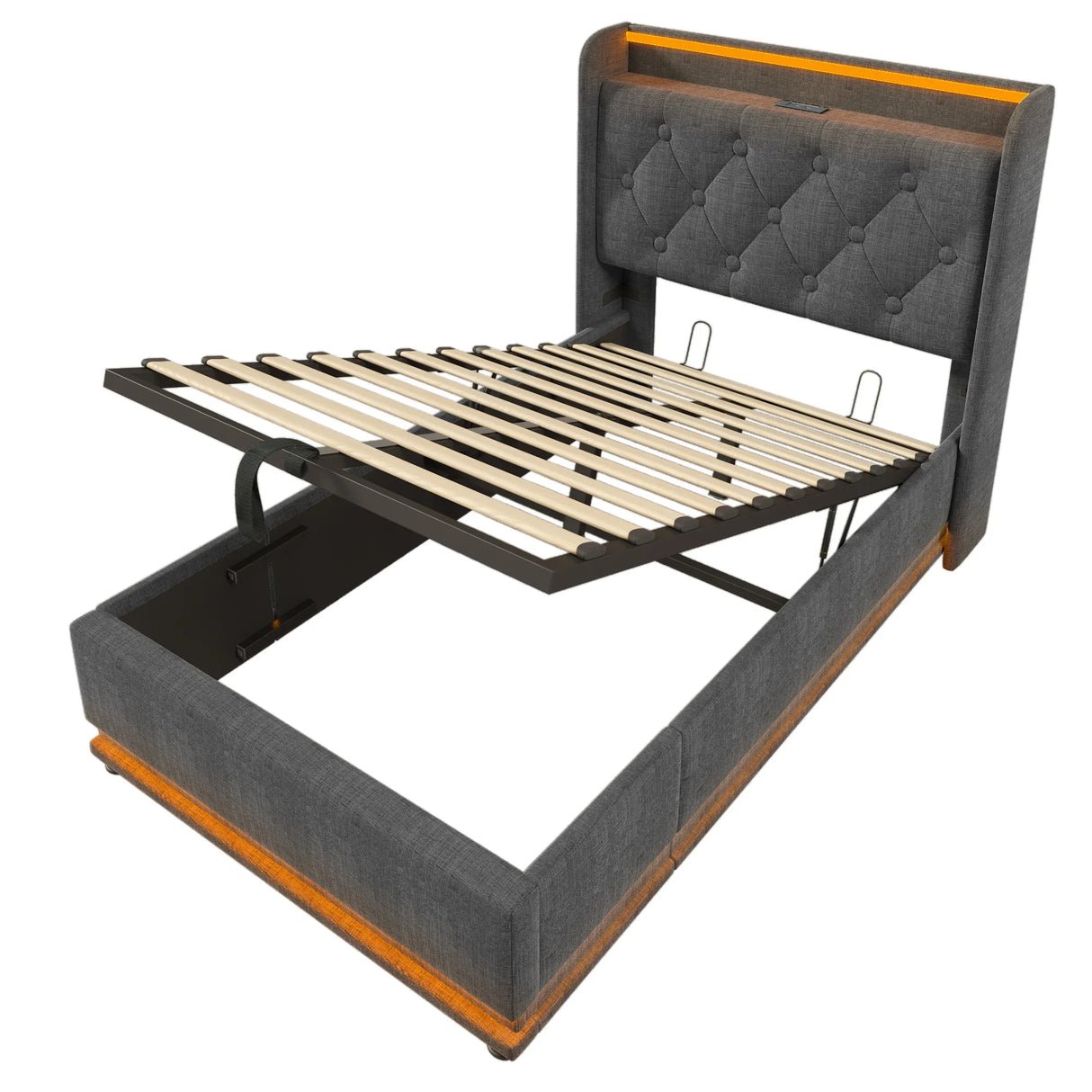 Twin Upholstered Bed 360 Surround LED Lighting USB C Gray - Furniture Home Direct