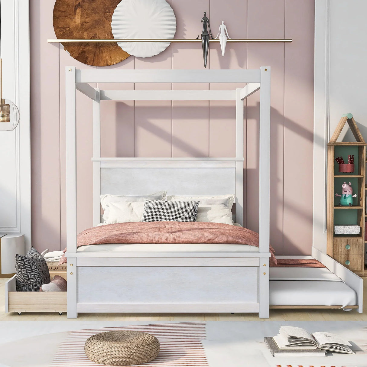 Canopy Platform Bed With Drawers, Support Slats, No Box Spring Needed - Furniture Home Direct